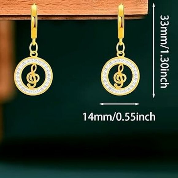 Earrings💛Cubic Zirconia Music Note Gold Plated with Alloy Hooks - Picture 3 of 4